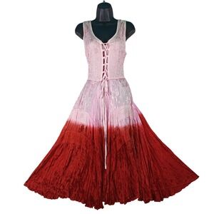Mamta Midi Dress One Size Pink Red Smocked Embroidered Boho Festival Sleeveless